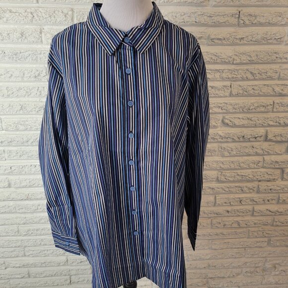 Roamans Womens Top 2X Plus Long Sleeve Collar Blue Stripe Button Up STR120E - Picture 3 of 9